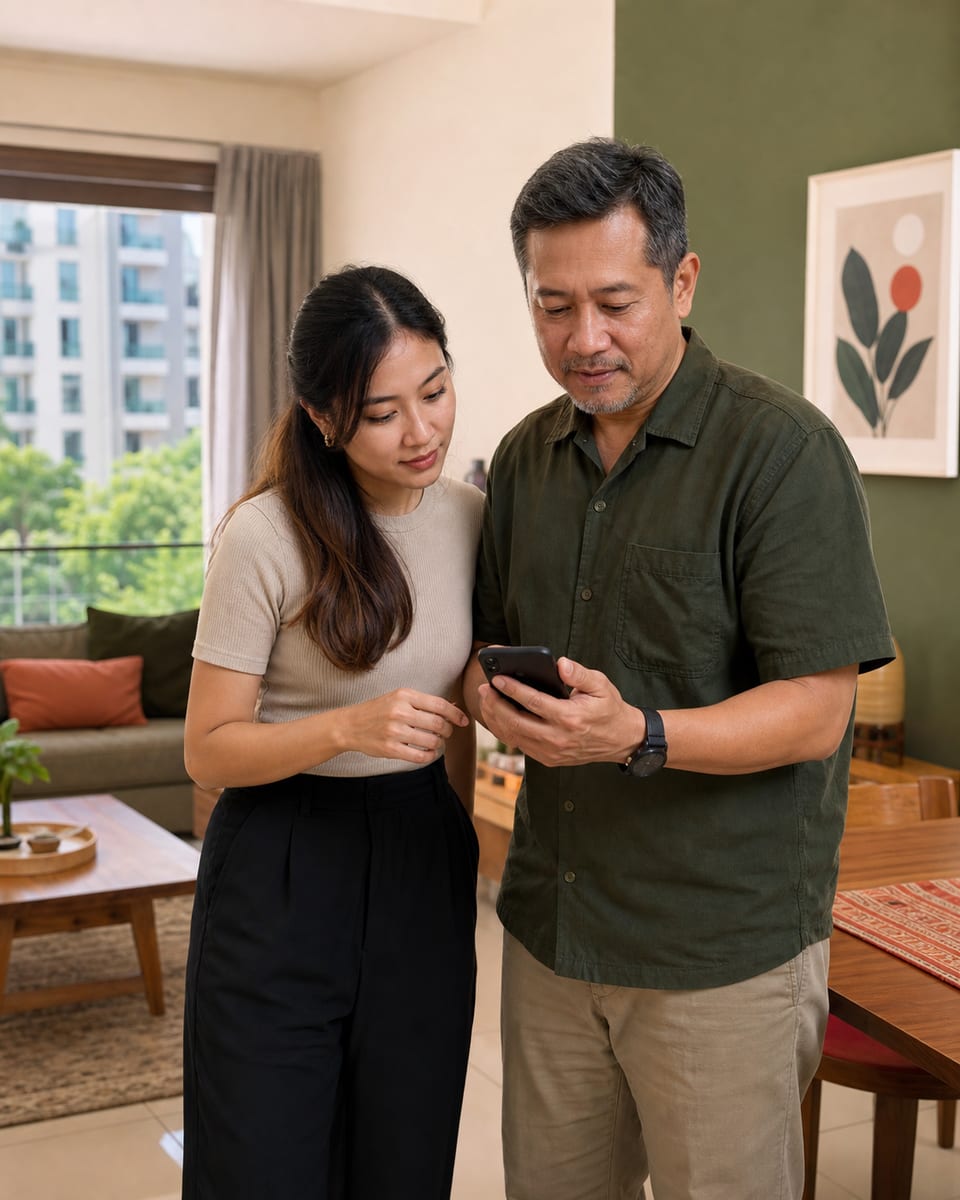 A landlord and tenant reviewing a shared move-in record on a phone in a Malaysian apartment.