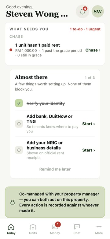 The Notify owner Today screen: a 'What needs you' to-do list flagging one unit with unpaid rent past its grace period, an account-setup checklist, a co-managed-with-your-property-manager notice, and the Today, Units, Money, Chat and More tabs.